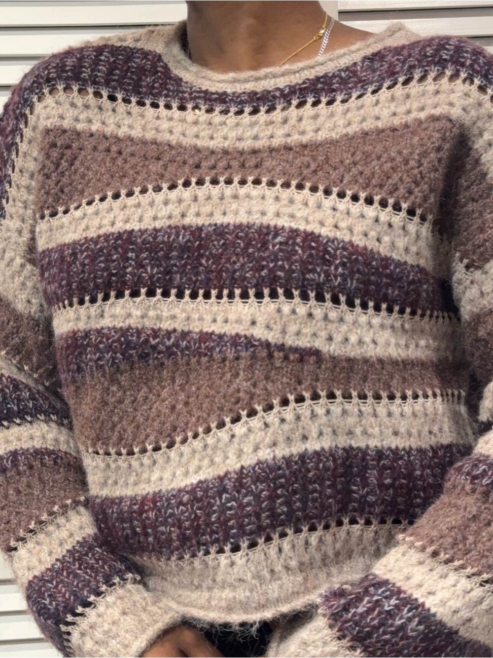 ZARA Lilac and Plum Open-Knit Striped Sweater